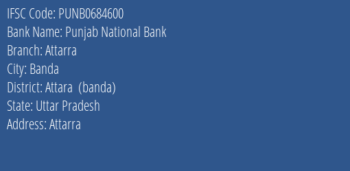 Punjab National Bank Attarra Branch Attara Banda IFSC Code PUNB0684600