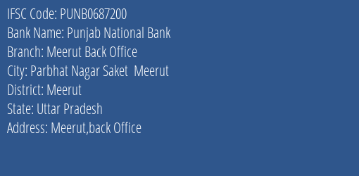 Punjab National Bank Meerut Back Office Branch, Branch Code 687200 & IFSC Code Punb0687200