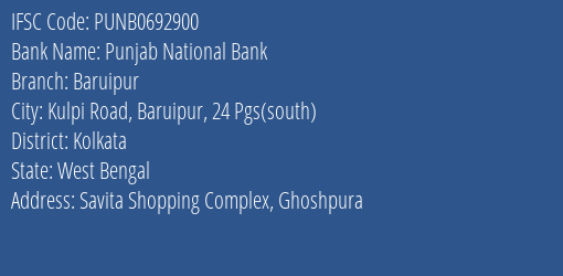 Punjab National Bank Baruipur Branch Kolkata IFSC Code PUNB0692900
