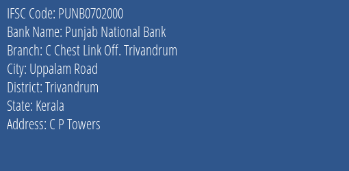 Punjab National Bank C Chest Link Off. Trivandrum Branch Trivandrum IFSC Code PUNB0702000