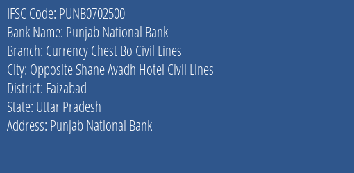 Punjab National Bank Currency Chest Bo Civil Lines Branch Faizabad IFSC Code PUNB0702500