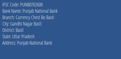 Punjab National Bank Currency Chest Bo Basti Branch, Branch Code 702600 & IFSC Code Punb0702600