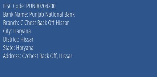 Punjab National Bank C Chest Back Off Hissar Branch, Branch Code 704200 & IFSC Code PUNB0704200