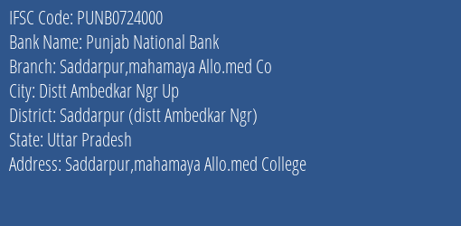 Punjab National Bank Saddarpur Mahamaya Allo.med Co Branch Saddarpur Distt Ambedkar Ngr IFSC Code PUNB0724000