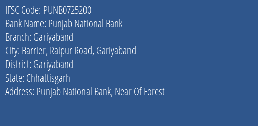 Punjab National Bank Gariyaband Branch Gariyaband IFSC Code PUNB0725200