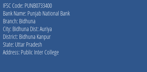 Punjab National Bank Bidhuna Branch, Branch Code 733400 & IFSC Code Punb0733400
