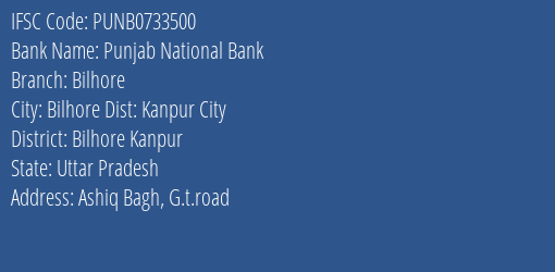 Punjab National Bank Bilhore Branch Bilhore Kanpur IFSC Code PUNB0733500