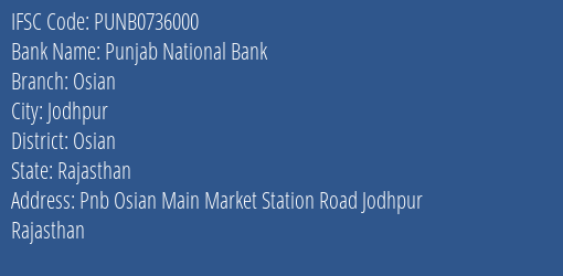Punjab National Bank Osian Branch Osian IFSC Code PUNB0736000