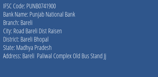 Punjab National Bank Bareli Branch, Branch Code 741900 & IFSC Code PUNB0741900