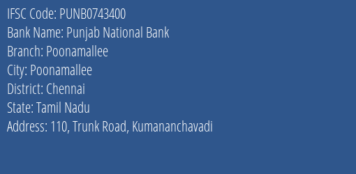 Punjab National Bank Poonamallee Branch, Branch Code 743400 & IFSC Code PUNB0743400