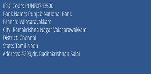 Punjab National Bank Valasaravakkam Branch IFSC Code