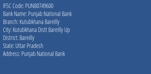 Punjab National Bank Kutubkhana Bareilly Branch Bareilly IFSC Code PUNB0749600