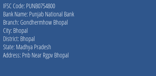 Punjab National Bank Gondhermhow Bhopal Branch IFSC Code