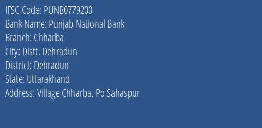 Punjab National Bank Chharba Branch Dehradun IFSC Code PUNB0779200