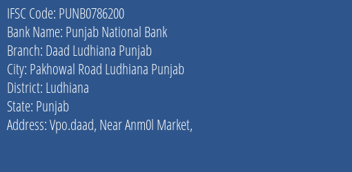 Punjab National Bank Daad Ludhiana Punjab Branch, Branch Code 786200 & IFSC Code Punb0786200