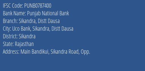 Punjab National Bank Sikandra Distt Dausa Branch Sikandra IFSC Code PUNB0787400