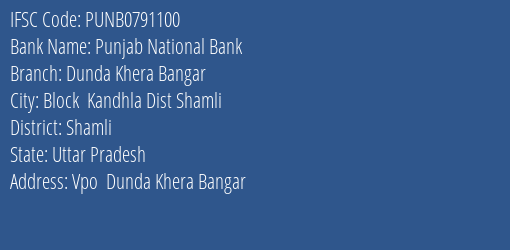 Punjab National Bank Dunda Khera Bangar Branch Shamli IFSC Code PUNB0791100