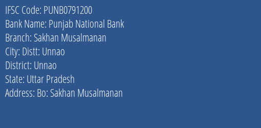 Punjab National Bank Sakhan Musalmanan Branch Unnao IFSC Code PUNB0791200