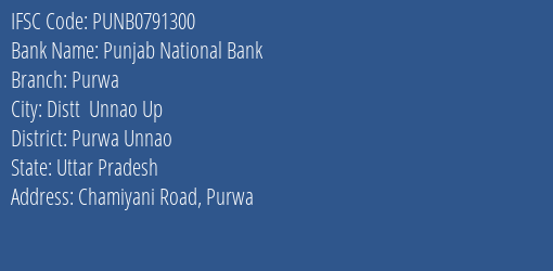 Punjab National Bank Purwa Branch, Branch Code 791300 & IFSC Code Punb0791300