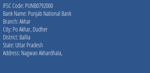 Punjab National Bank Akhar Branch Ballia IFSC Code PUNB0792000