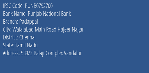 Punjab National Bank Padappai Branch IFSC Code