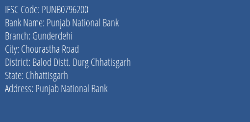 Punjab National Bank Gunderdehi Branch Balod Distt. Durg Chhatisgarh IFSC Code PUNB0796200