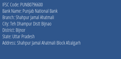 Punjab National Bank Shahpur Jamal Ahatmali Branch Bijnor IFSC Code PUNB0796600