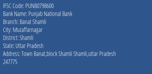 Punjab National Bank Banat Shamli Branch Shamli IFSC Code PUNB0798600