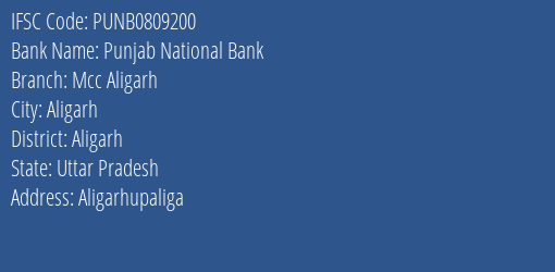 Punjab National Bank Mcc Aligarh Branch Aligarh IFSC Code PUNB0809200