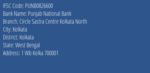 Punjab National Bank Circle Sastra Centre Kolkata North Branch, Branch Code 826600 & IFSC Code PUNB0826600