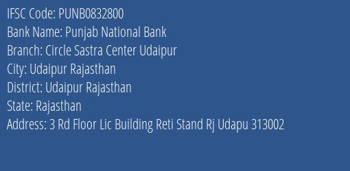 Punjab National Bank Circle Sastra Center Udaipur Branch, Branch Code 832800 & IFSC Code PUNB0832800