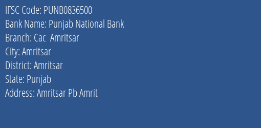 Punjab National Bank Cac Amritsar Branch IFSC Code