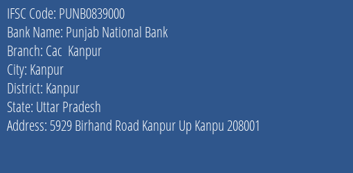 Punjab National Bank Cac Kanpur Branch IFSC Code