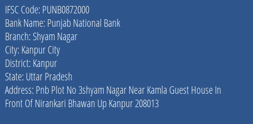 Punjab National Bank Shyam Nagar Branch, Branch Code 872000 & IFSC Code PUNB0872000