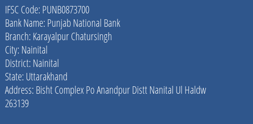 Punjab National Bank Karayalpur Chatursingh Branch Nainital IFSC Code PUNB0873700