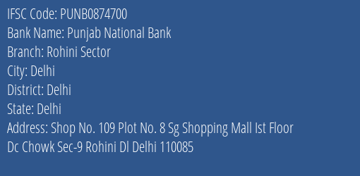 Punjab National Bank Rohini Sector Branch Delhi IFSC Code PUNB0874700