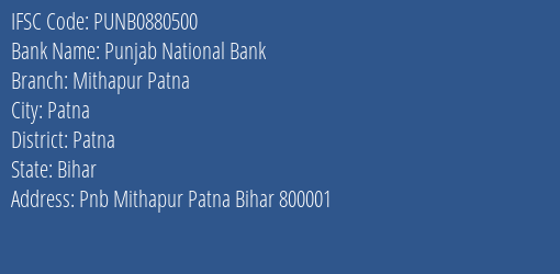 Punjab National Bank Mithapur Patna Branch Patna IFSC Code PUNB0880500