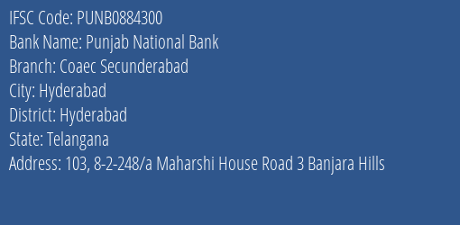 Punjab National Bank Coaec Secunderabad Branch, Branch Code 884300 & IFSC Code PUNB0884300