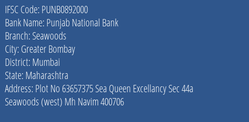 Punjab National Bank Seawoods Branch, Branch Code 892000 & IFSC Code PUNB0892000