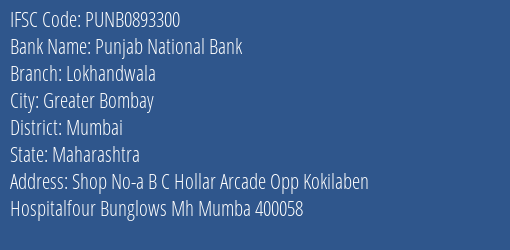 Punjab National Bank Lokhandwala Branch, Branch Code 893300 & IFSC Code PUNB0893300
