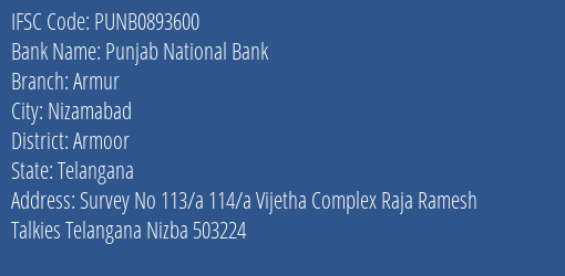Punjab National Bank Armur Branch Armoor IFSC Code PUNB0893600