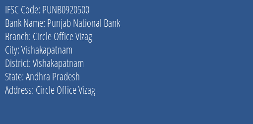 Punjab National Bank Circle Office Vizag Branch IFSC Code