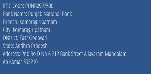 Punjab National Bank Komaragiripatnam Branch, Branch Code 922500 & IFSC Code PUNB0922500