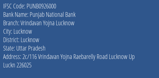 Punjab National Bank Vrindavan Yojna Lucknow Branch Lucknow IFSC Code PUNB0926000