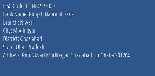 Punjab National Bank Niwari Branch Ghaziabad IFSC Code PUNB0927000