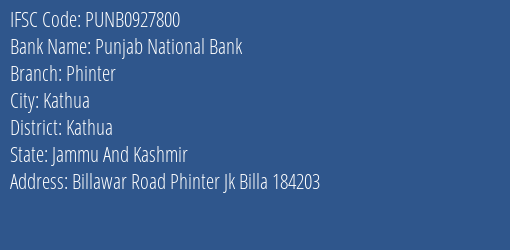 Punjab National Bank Phinter Branch, Branch Code 927800 & IFSC Code PUNB0927800
