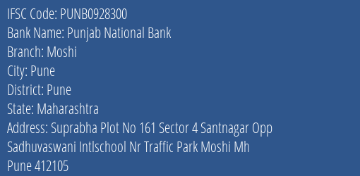 Punjab National Bank Moshi Branch Pune IFSC Code PUNB0928300