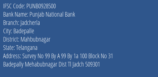 Punjab National Bank Jadcherla Branch Mahbubnagar IFSC Code PUNB0928500