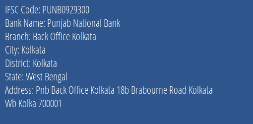 Punjab National Bank Back Office Kolkata Branch IFSC Code