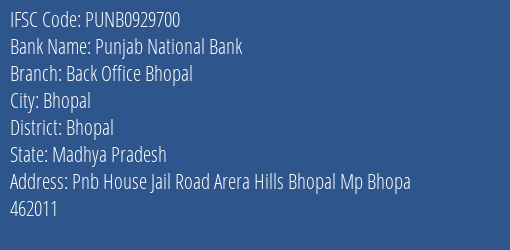 Punjab National Bank Back Office Bhopal Branch, Branch Code 929700 & IFSC Code PUNB0929700